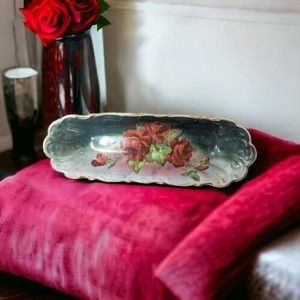 Antique Wheeling Pottery La Belle China Rose Pattern Green 13.5" Celery Tray